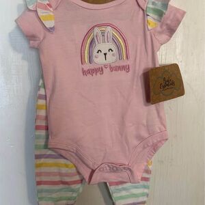 NEW Baby Girl 4pc ‘Happy Bunny’ Outfit Bodysuit/ Pants/Headband/ Socks